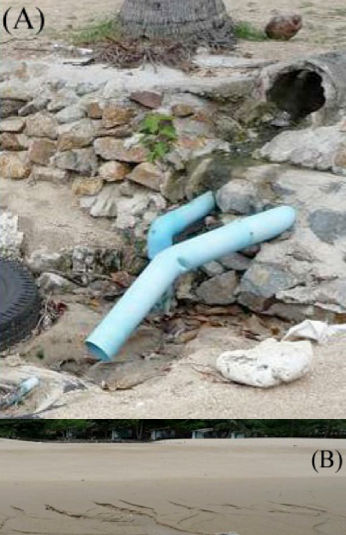Pictures of waste water pipes originating from a resort in the north of the bay (A) and of river discharge at the beach (B).